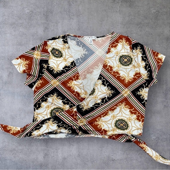 eye candy Tops - Eye Candy Geometric Wrap Blouse in Black, Brown, and Gold